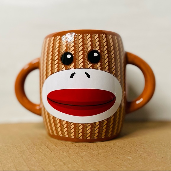 SOCK MONKEY 16 oz Ceramic COFFEE CUP / MUG Double Handles + Faces / Galerie - Picture 3 of 5